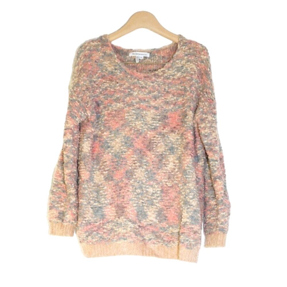 BCBGeneration - Long Sleeve Crew Neck Fluffy Knit Sweater Pink Combo / Size M/L